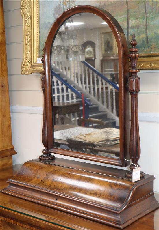 A Victorian walnut toilet mirror with hinged box base, W.72cm H.86cm